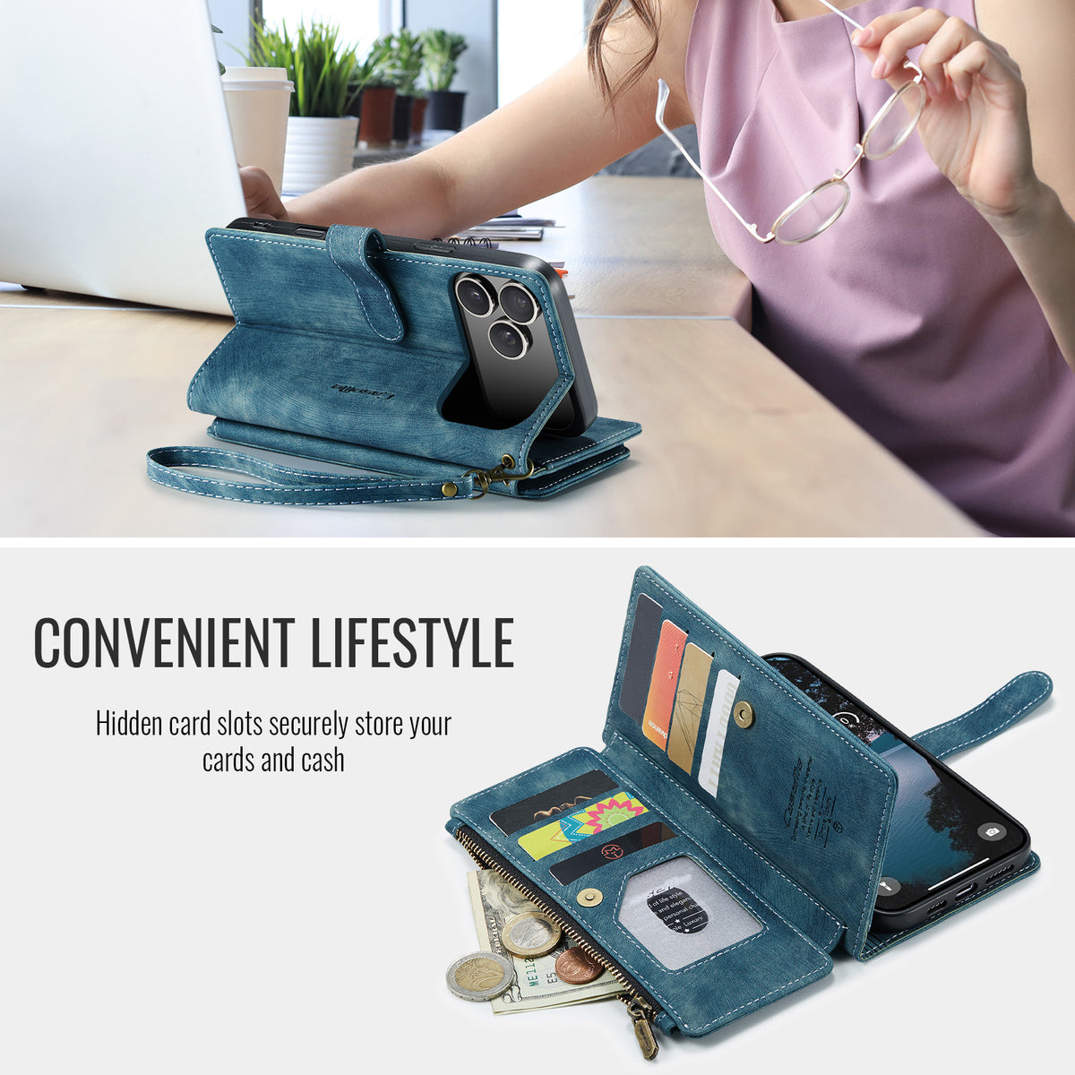 CASEME For iPhone 18 Pro Max / 17 Pro Max Phone Cases with Strap  C30 Zipper Multiple Card Holder PU Leather Cover