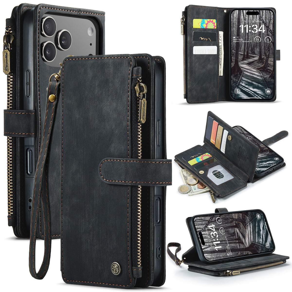CASEME For iPhone 18 Pro Max / 17 Pro Max Phone Cases with Strap  C30 Zipper Multiple Card Holder PU Leather Cover