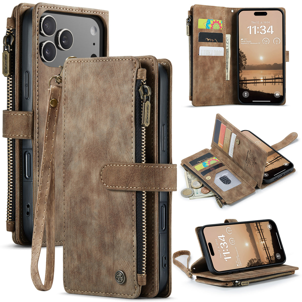 CASEME For iPhone 18 Pro Max / 17 Pro Max Phone Cases with Strap  C30 Zipper Multiple Card Holder PU Leather Cover