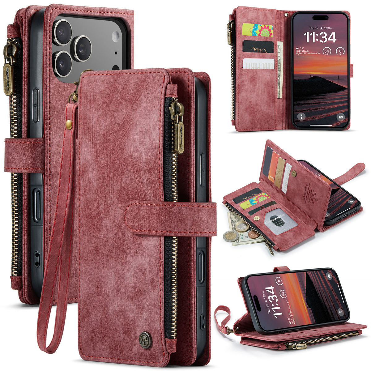 CASEME For iPhone 18 Pro Max / 17 Pro Max Phone Cases with Strap  C30 Zipper Multiple Card Holder PU Leather Cover