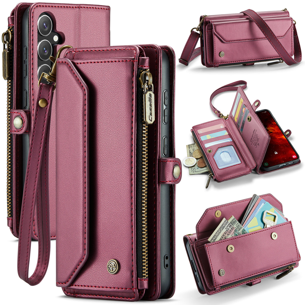 CASEME For Samsung Galaxy S25 FE Leather Case  C36 Zipper 10 Card Slots Phone Cover with Straps
