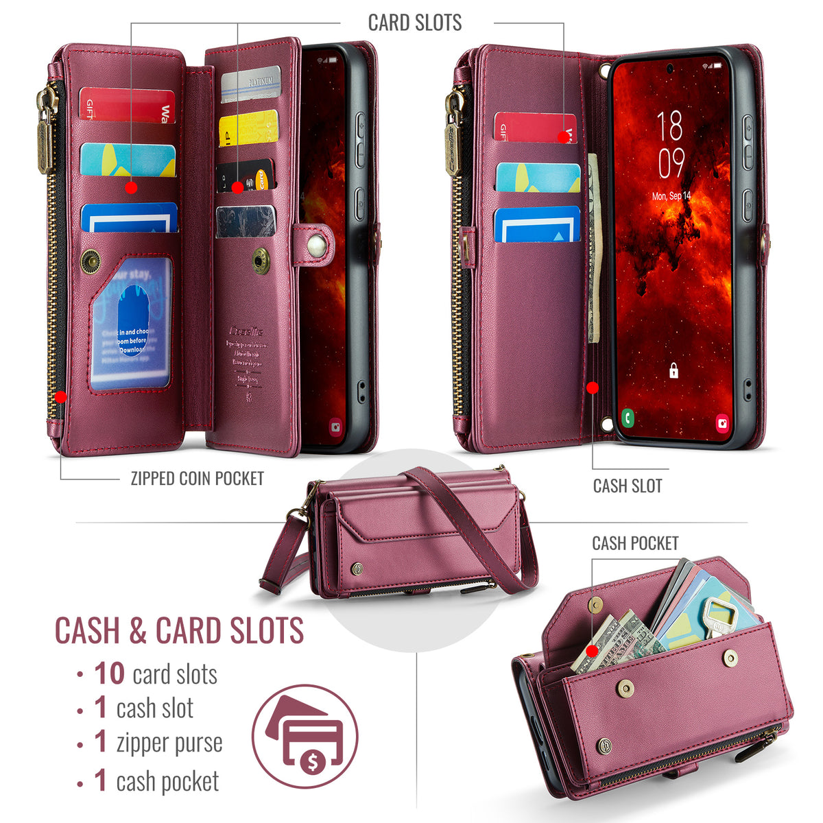 CASEME For Samsung Galaxy S25 FE Leather Case  C36 Zipper 10 Card Slots Phone Cover with Straps
