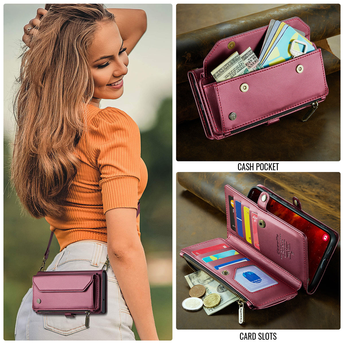 CASEME For Samsung Galaxy S25 FE Leather Case  C36 Zipper 10 Card Slots Phone Cover with Straps