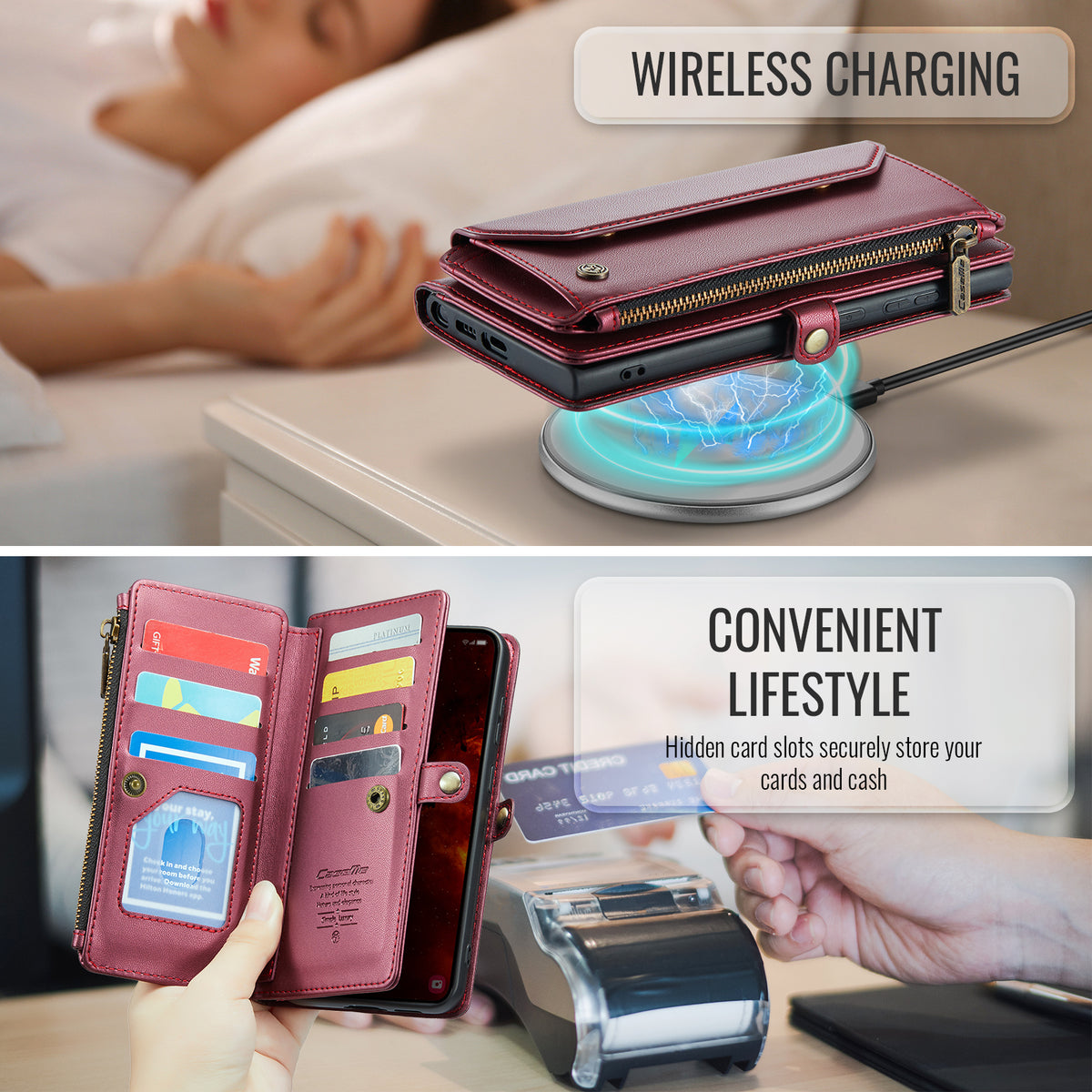 CASEME For Samsung Galaxy S25 FE Leather Case  C36 Zipper 10 Card Slots Phone Cover with Straps