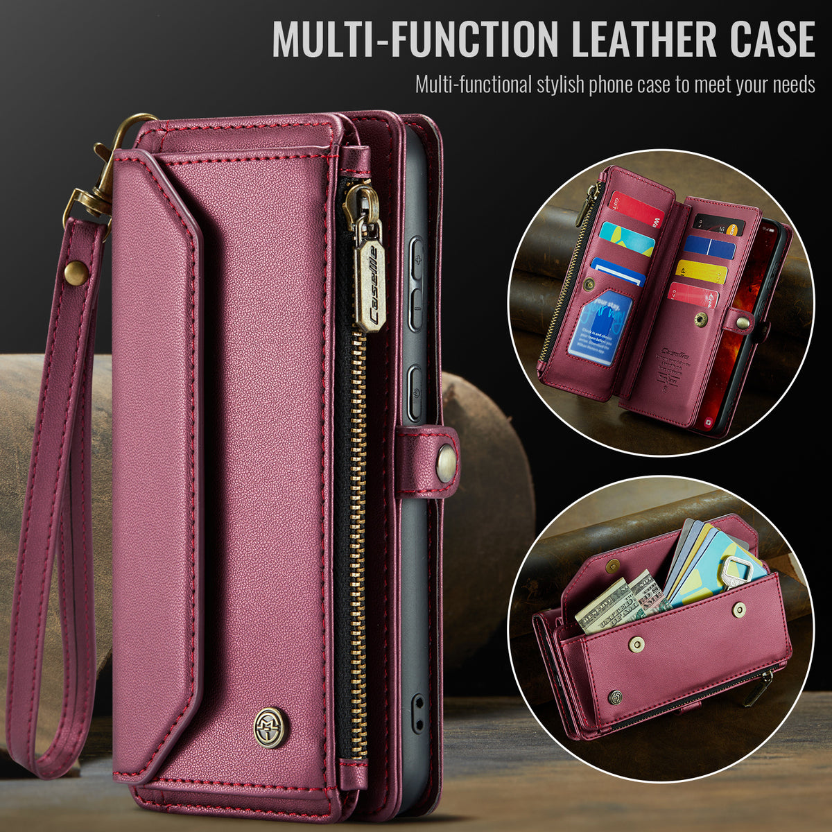 CASEME For Samsung Galaxy S25 FE Leather Case  C36 Zipper 10 Card Slots Phone Cover with Straps