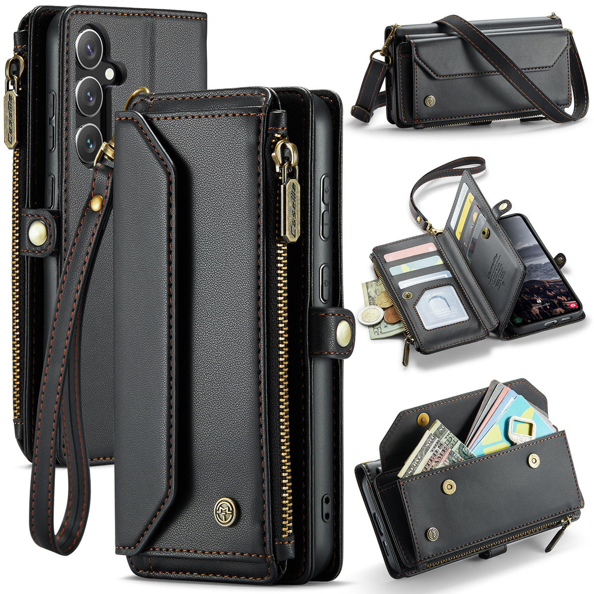CASEME For Samsung Galaxy S25 FE Leather Case  C36 Zipper 10 Card Slots Phone Cover with Straps