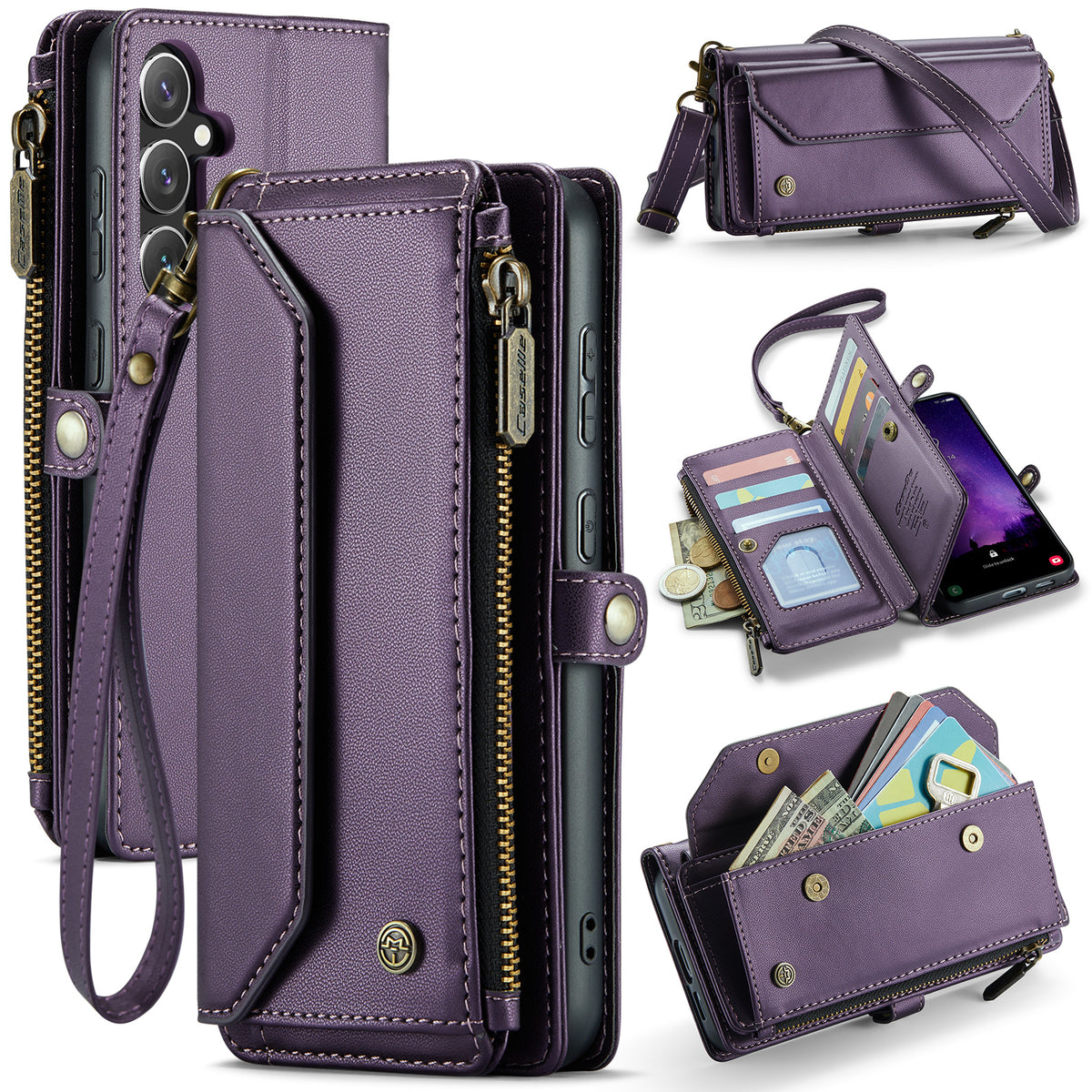 CASEME For Samsung Galaxy S25 FE Leather Case  C36 Zipper 10 Card Slots Phone Cover with Straps