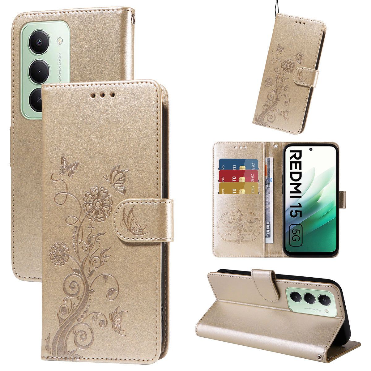 For Xiaomi Redmi 15 4G (EU) (171mm) Leather Case Butterfly Floral Imprint Wallet Stand Cover