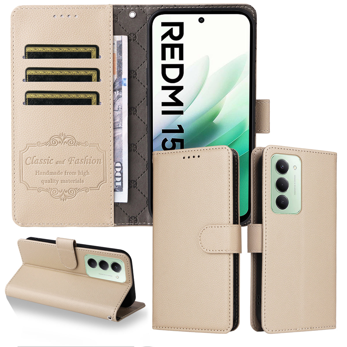For Xiaomi Redmi 15 4G (EU) (171mm) Case RFID Blocking 3 Card Slots PU Leather Phone Cover with Wrist Strap
