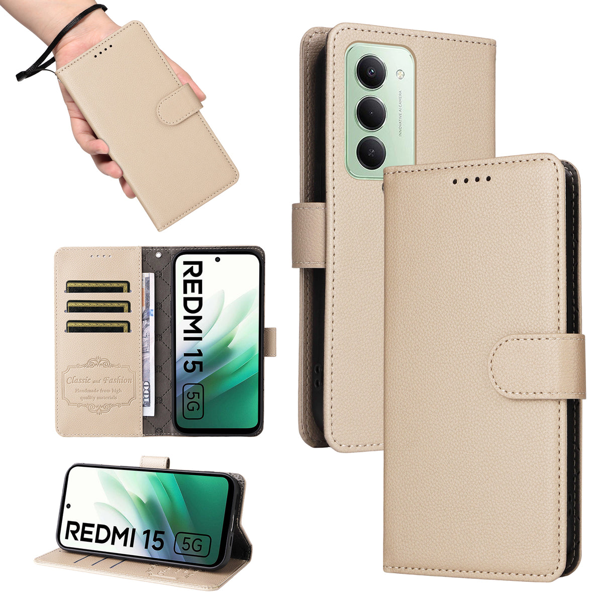 For Xiaomi Redmi 15 4G (EU) (171mm) Case RFID Blocking 3 Card Slots PU Leather Phone Cover with Wrist Strap