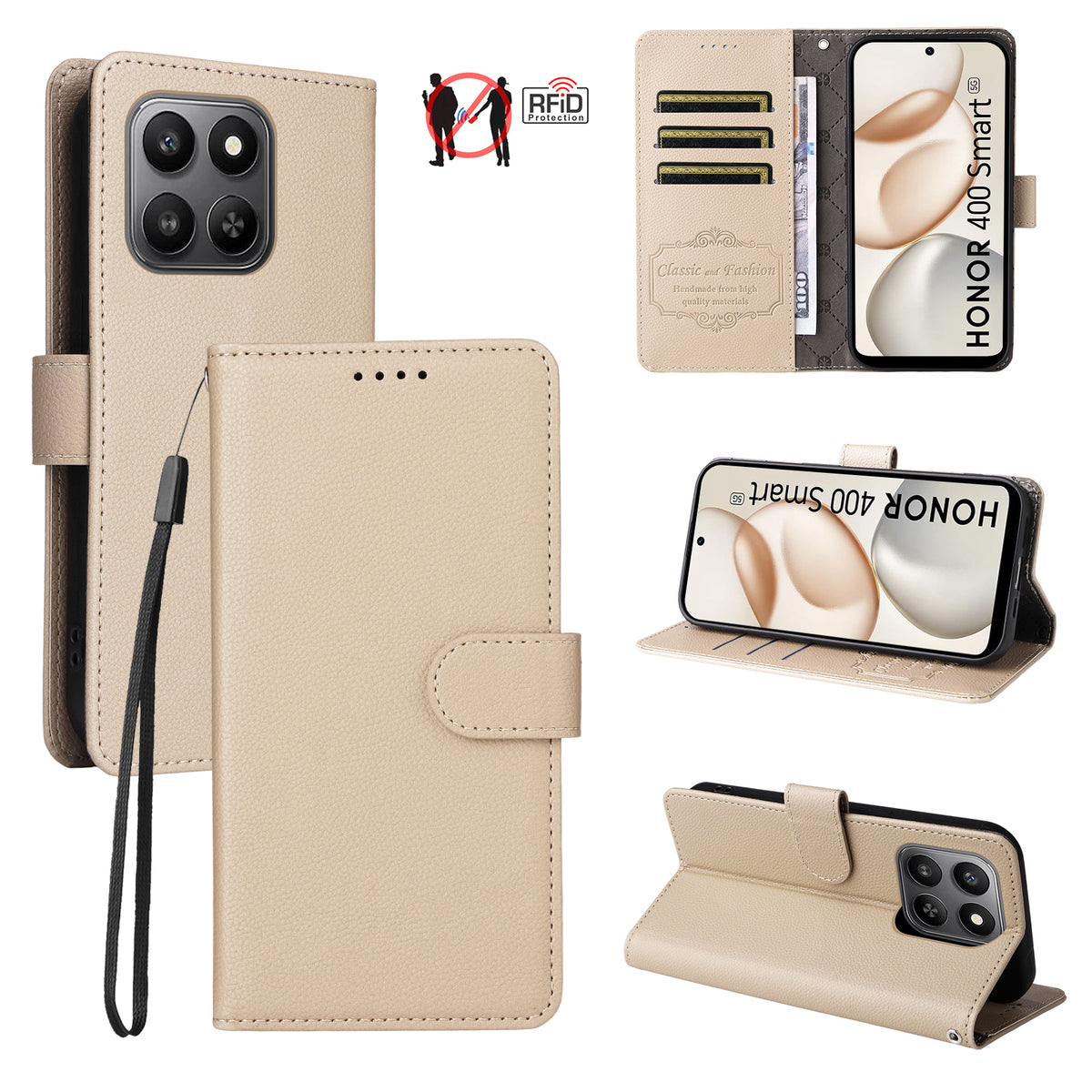 For Honor 400 Smart 5G / 4G / X7d 4G Case RFID Blocking 3 Card Slots PU Leather Phone Cover with Wrist Strap