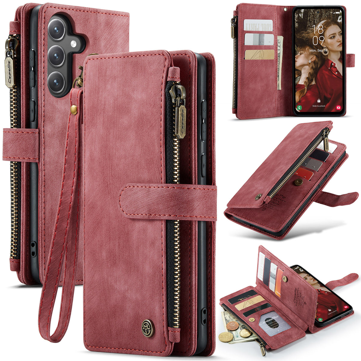 CASEME For Samsung Galaxy S25 FE Phone Cases with Strap  C30 Zipper Multiple Card Holder PU Leather Cover
