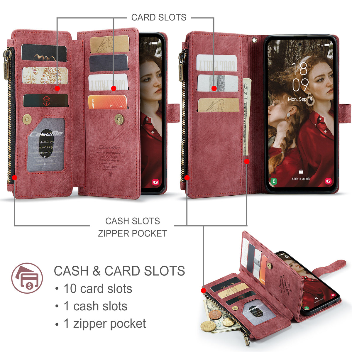 CASEME For Samsung Galaxy S25 FE Phone Cases with Strap  C30 Zipper Multiple Card Holder PU Leather Cover