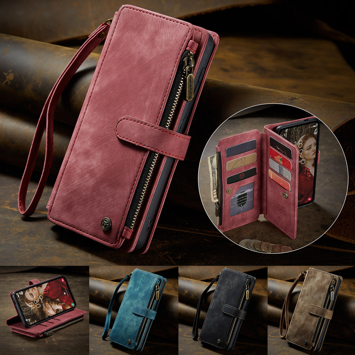 CASEME For Samsung Galaxy S25 FE Phone Cases with Strap  C30 Zipper Multiple Card Holder PU Leather Cover