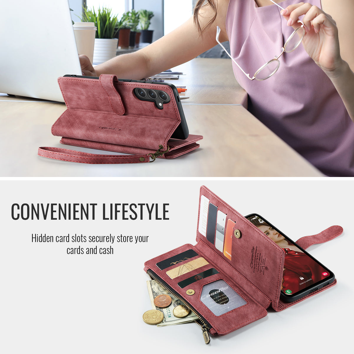 CASEME For Samsung Galaxy S25 FE Phone Cases with Strap  C30 Zipper Multiple Card Holder PU Leather Cover