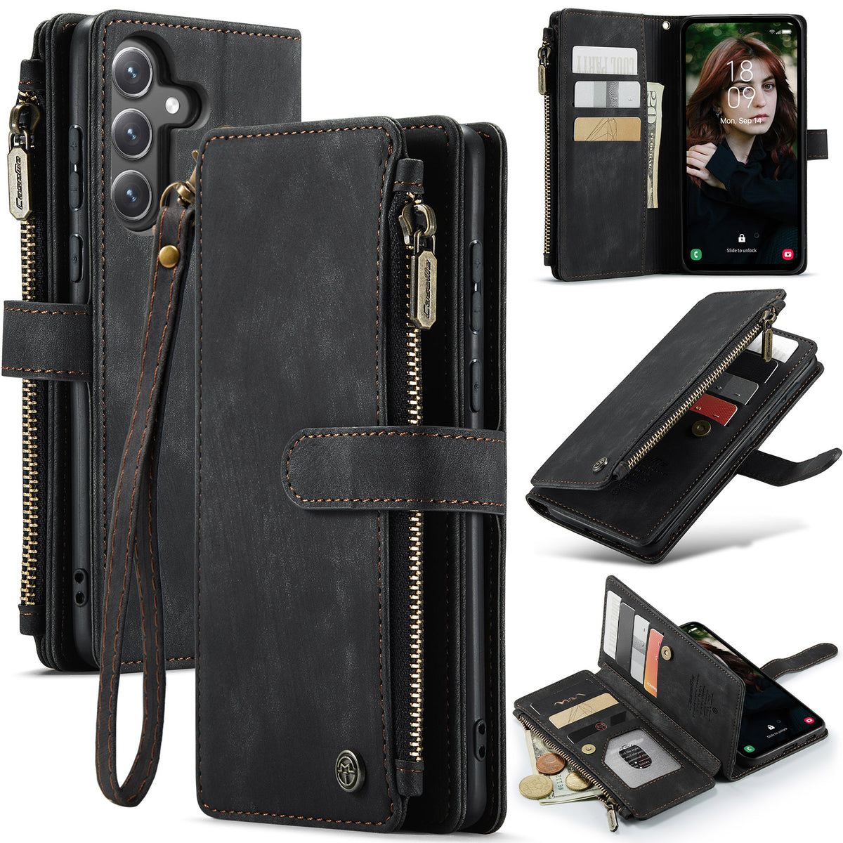 CASEME For Samsung Galaxy S25 FE Phone Cases with Strap  C30 Zipper Multiple Card Holder PU Leather Cover