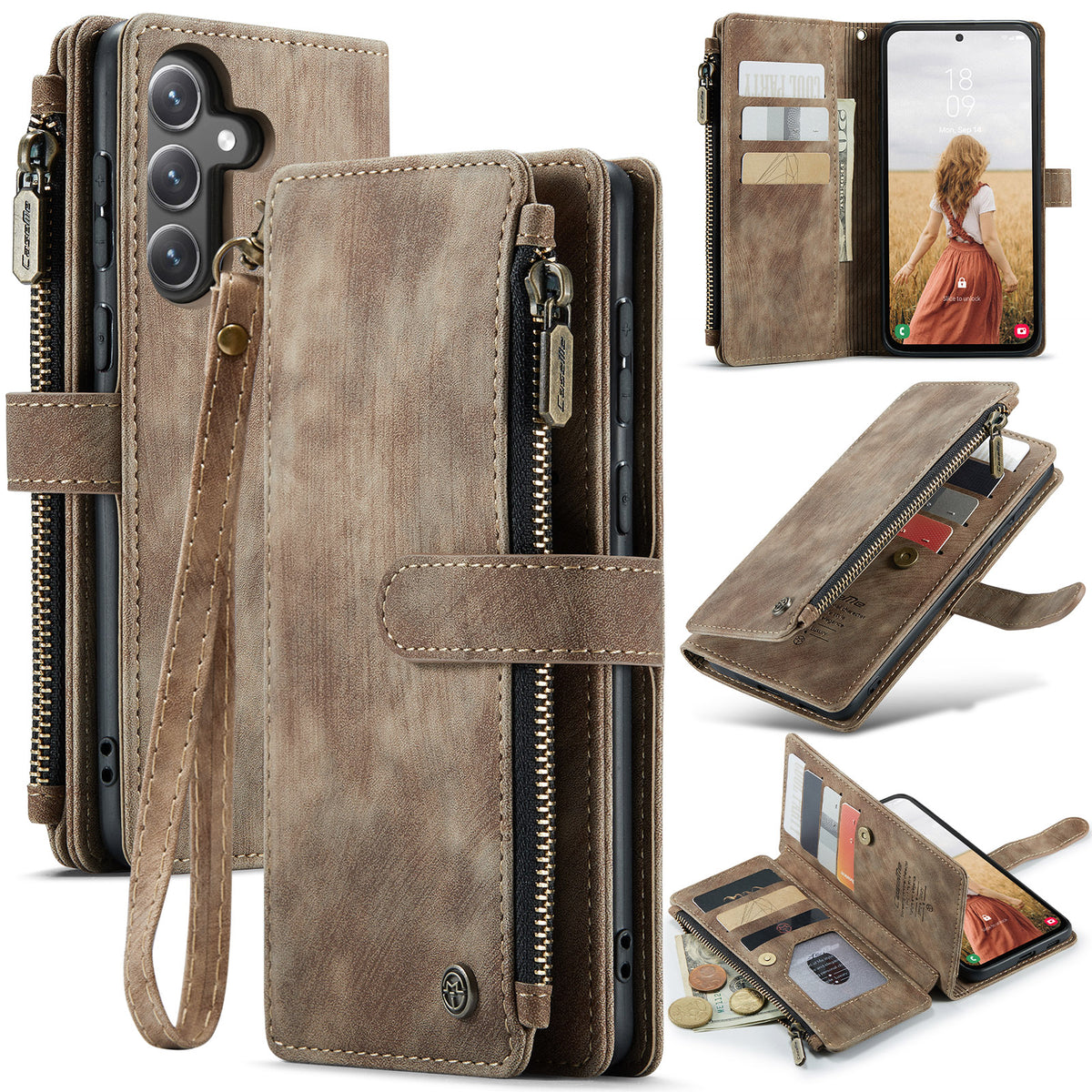 CASEME For Samsung Galaxy S25 FE Phone Cases with Strap  C30 Zipper Multiple Card Holder PU Leather Cover