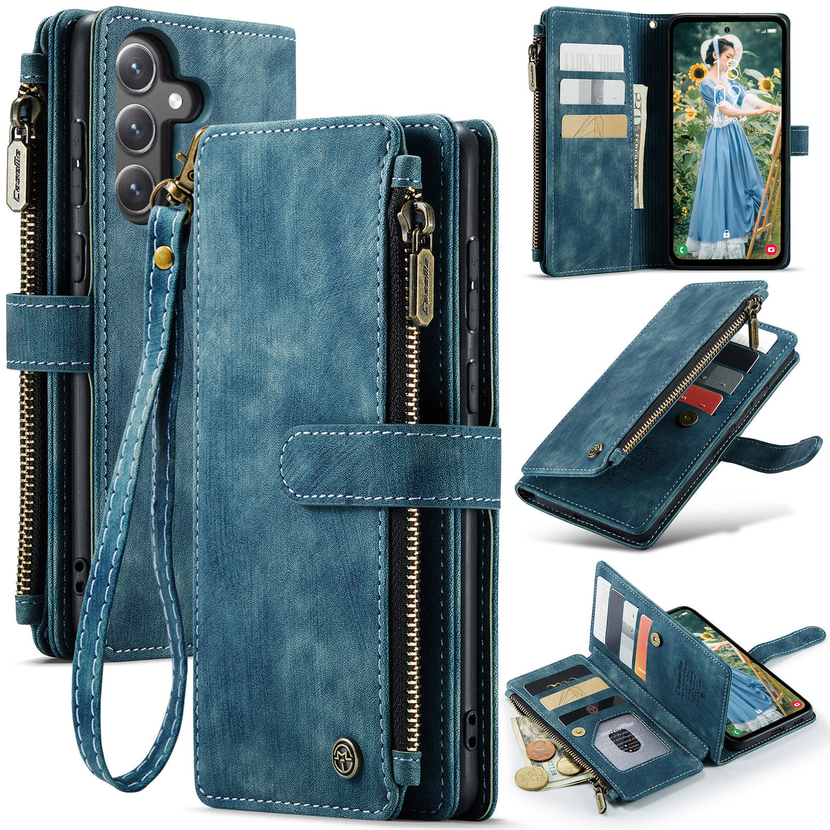 CASEME For Samsung Galaxy S25 FE Phone Cases with Strap  C30 Zipper Multiple Card Holder PU Leather Cover