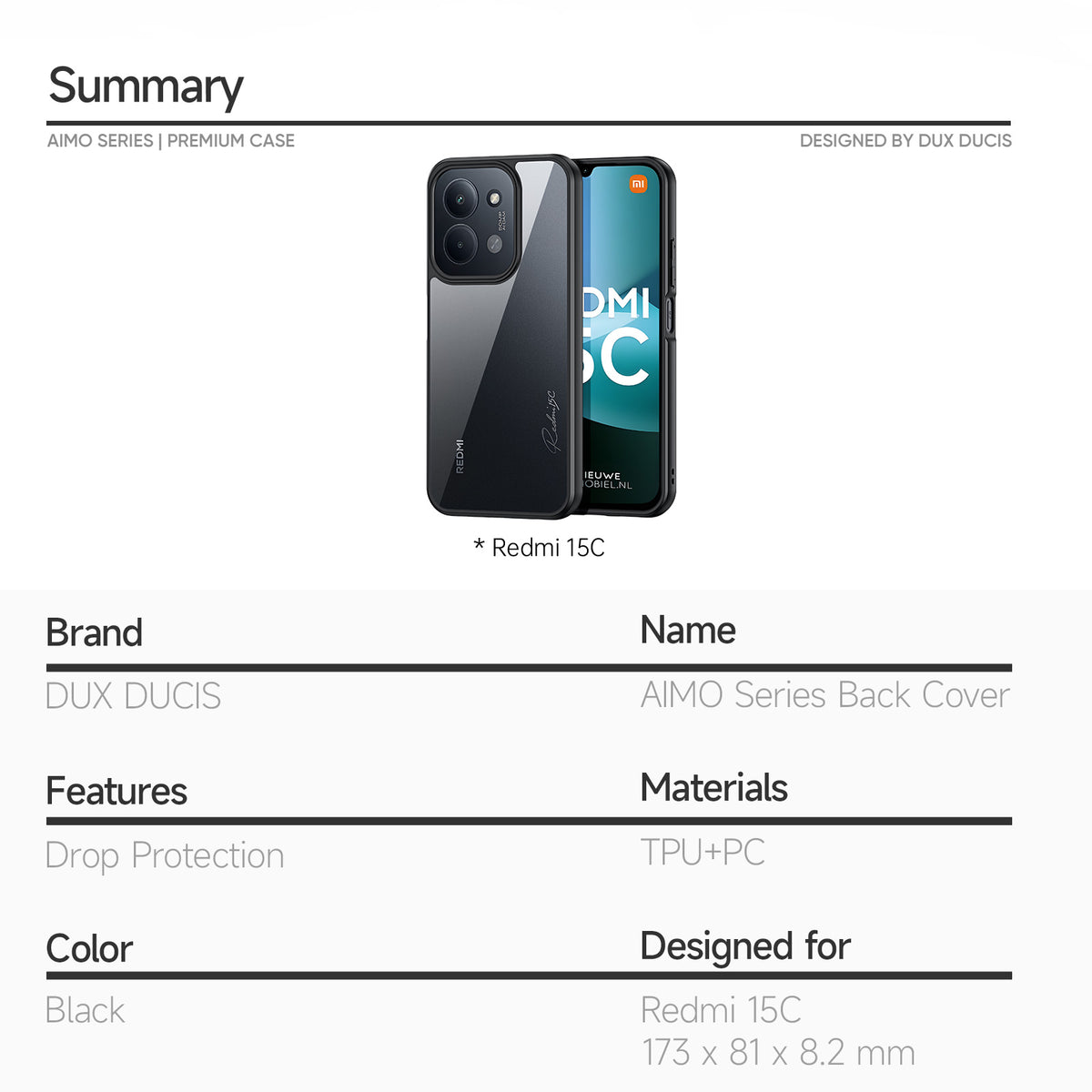 DUX DUCIS För Xiaomi Redmi 15C 4G (EU) (173 mm) / 15C 5G (EU) (173 mm) / Poco C85 4G (173 mm) Skal Aimo-serien mobilskal REACH-certifiering
