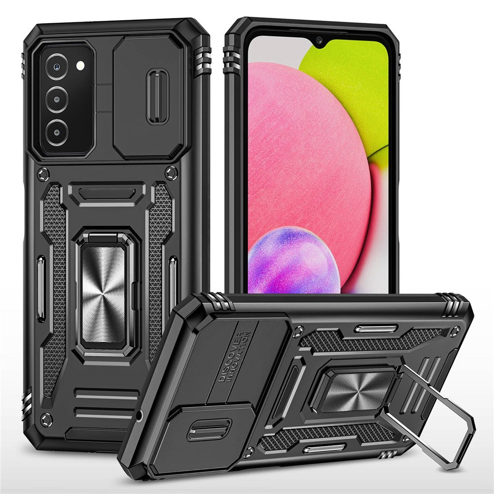 For Samsung Galaxy A03s (166.5mm) Hybrid Hard PC Soft TPU Shockproof Case Ring Car Mount Kickstand Back Shell with Camera Cover