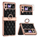 For Samsung Galaxy Z Flip4 5G Ring Kickstand PU Leather Coated PC Phone Case Rhinestone Decor Electroplate Imprinted Rhombus Grid Pattern Shockproof Cover