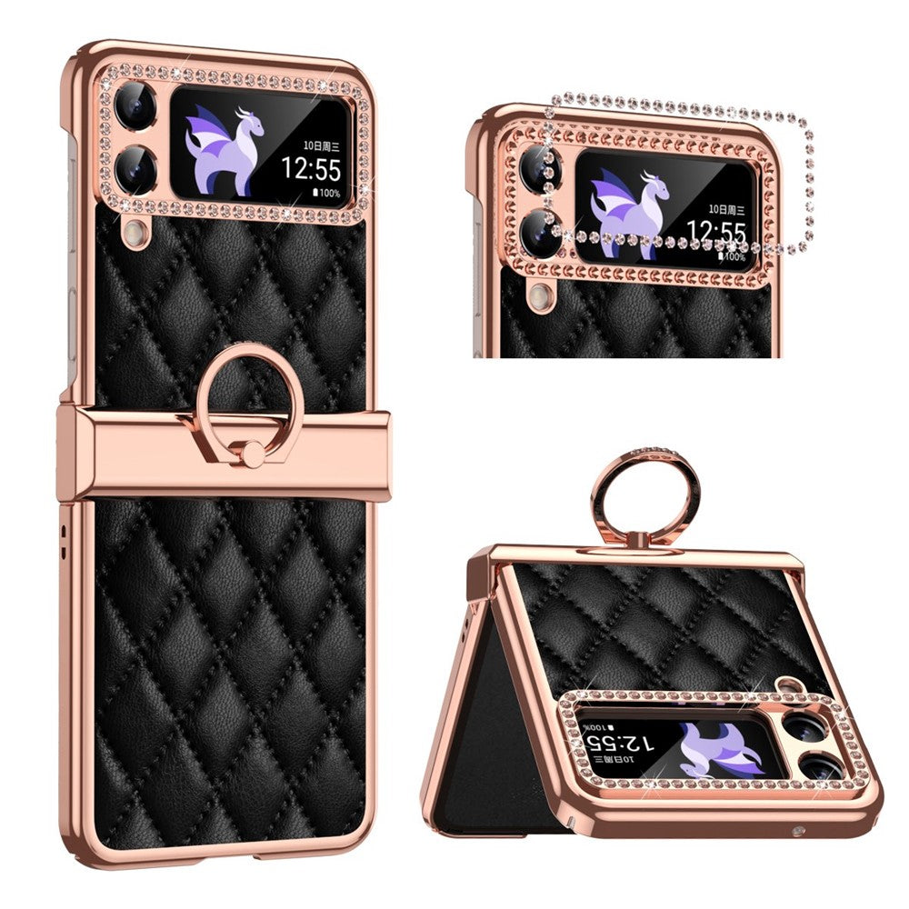 For Samsung Galaxy Z Flip4 5G Ring Kickstand PU Leather Coated PC Phone Case Rhinestone Decor Electroplate Imprinted Rhombus Grid Pattern Shockproof Cover