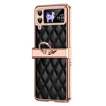 For Samsung Galaxy Z Flip4 5G Ring Kickstand PU Leather Coated PC Phone Case Rhinestone Decor Electroplate Imprinted Rhombus Grid Pattern Shockproof Cover