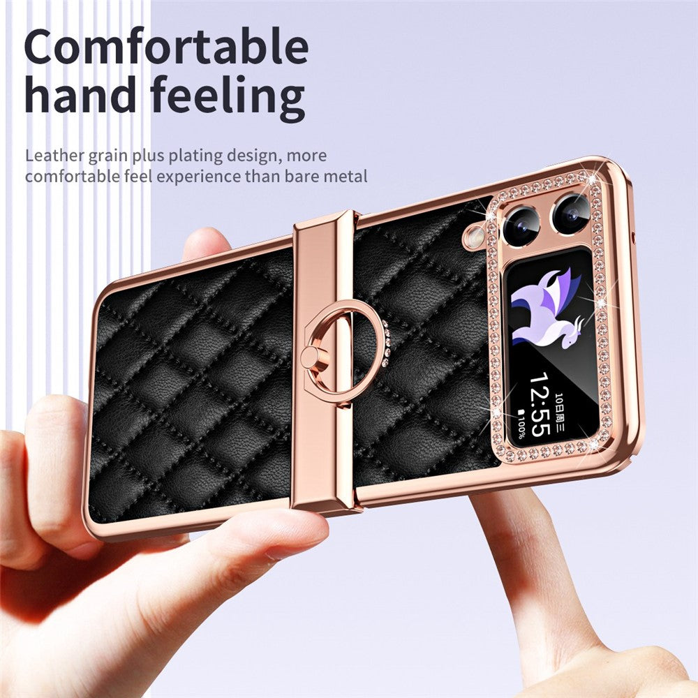 For Samsung Galaxy Z Flip4 5G Ring Kickstand PU Leather Coated PC Phone Case Rhinestone Decor Electroplate Imprinted Rhombus Grid Pattern Shockproof Cover
