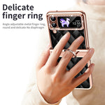 For Samsung Galaxy Z Flip4 5G Ring Kickstand PU Leather Coated PC Phone Case Rhinestone Decor Electroplate Imprinted Rhombus Grid Pattern Shockproof Cover