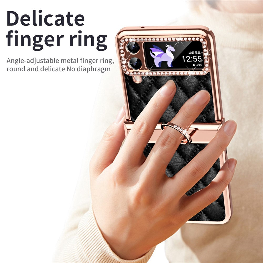 For Samsung Galaxy Z Flip4 5G Ring Kickstand PU Leather Coated PC Phone Case Rhinestone Decor Electroplate Imprinted Rhombus Grid Pattern Shockproof Cover