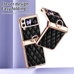 For Samsung Galaxy Z Flip4 5G Ring Kickstand PU Leather Coated PC Phone Case Rhinestone Decor Electroplate Imprinted Rhombus Grid Pattern Shockproof Cover