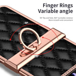 For Samsung Galaxy Z Flip4 5G Ring Kickstand PU Leather Coated PC Phone Case Rhinestone Decor Electroplate Imprinted Rhombus Grid Pattern Shockproof Cover
