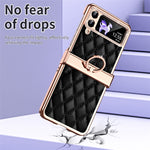 For Samsung Galaxy Z Flip4 5G Ring Kickstand PU Leather Coated PC Phone Case Rhinestone Decor Electroplate Imprinted Rhombus Grid Pattern Shockproof Cover