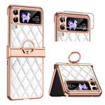 For Samsung Galaxy Z Flip4 5G Ring Kickstand PU Leather Coated PC Phone Case Rhinestone Decor Electroplate Imprinted Rhombus Grid Pattern Shockproof Cover