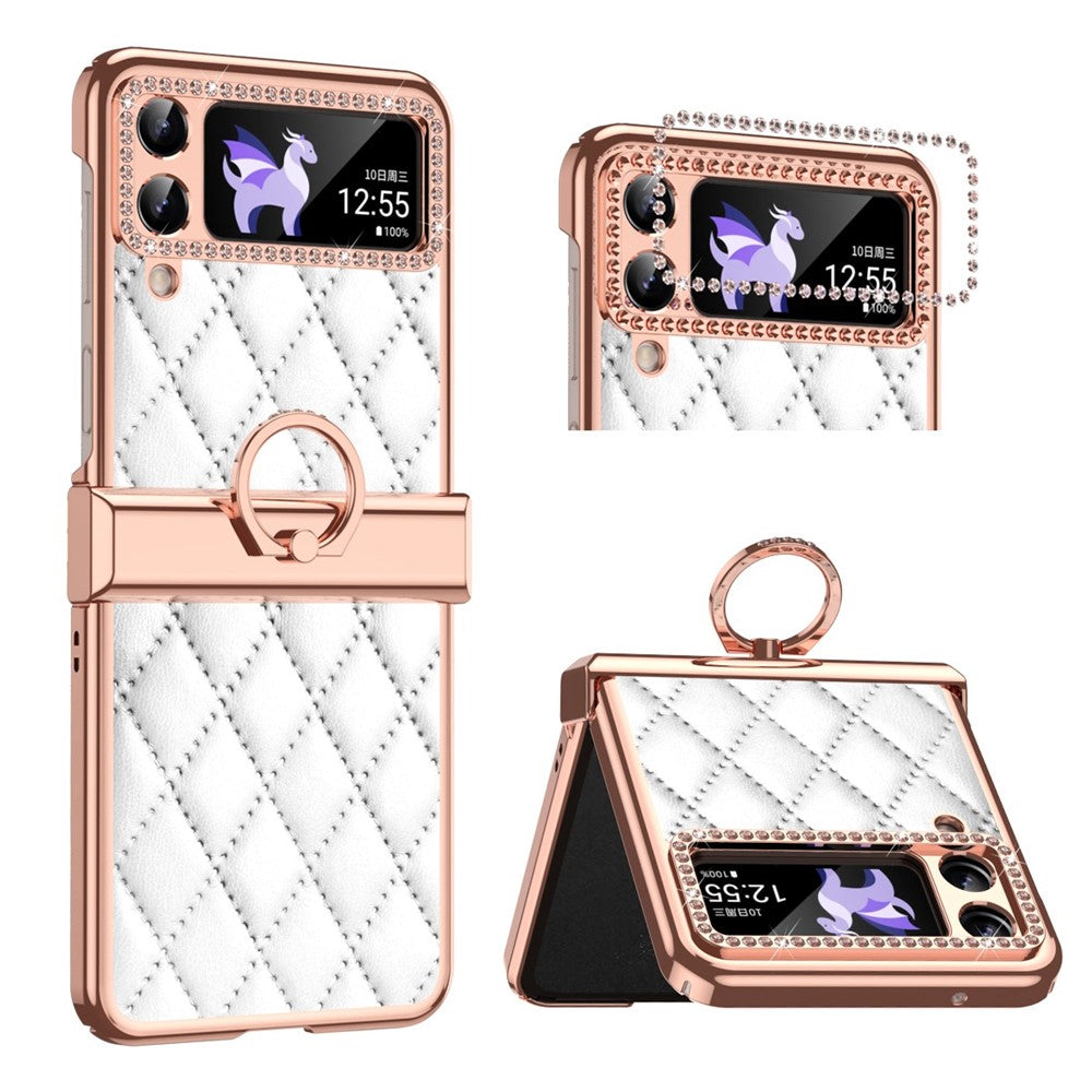 For Samsung Galaxy Z Flip4 5G Ring Kickstand PU Leather Coated PC Phone Case Rhinestone Decor Electroplate Imprinted Rhombus Grid Pattern Shockproof Cover