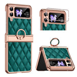 For Samsung Galaxy Z Flip4 5G Ring Kickstand PU Leather Coated PC Phone Case Rhinestone Decor Electroplate Imprinted Rhombus Grid Pattern Shockproof Cover