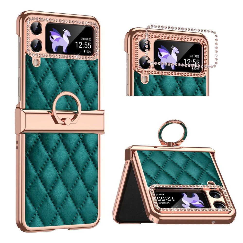 For Samsung Galaxy Z Flip4 5G Ring Kickstand PU Leather Coated PC Phone Case Rhinestone Decor Electroplate Imprinted Rhombus Grid Pattern Shockproof Cover