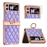 For Samsung Galaxy Z Flip4 5G Ring Kickstand PU Leather Coated PC Phone Case Rhinestone Decor Electroplate Imprinted Rhombus Grid Pattern Shockproof Cover