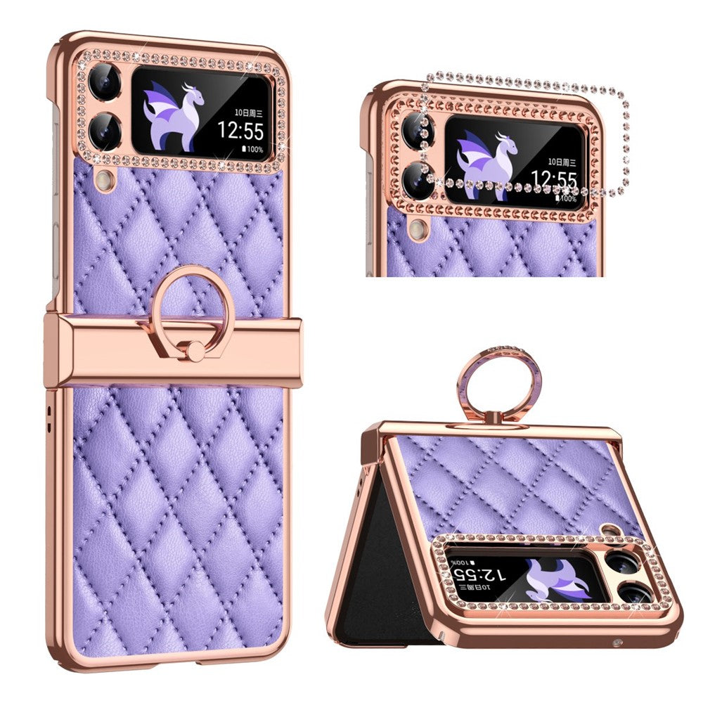 For Samsung Galaxy Z Flip4 5G Ring Kickstand PU Leather Coated PC Phone Case Rhinestone Decor Electroplate Imprinted Rhombus Grid Pattern Shockproof Cover