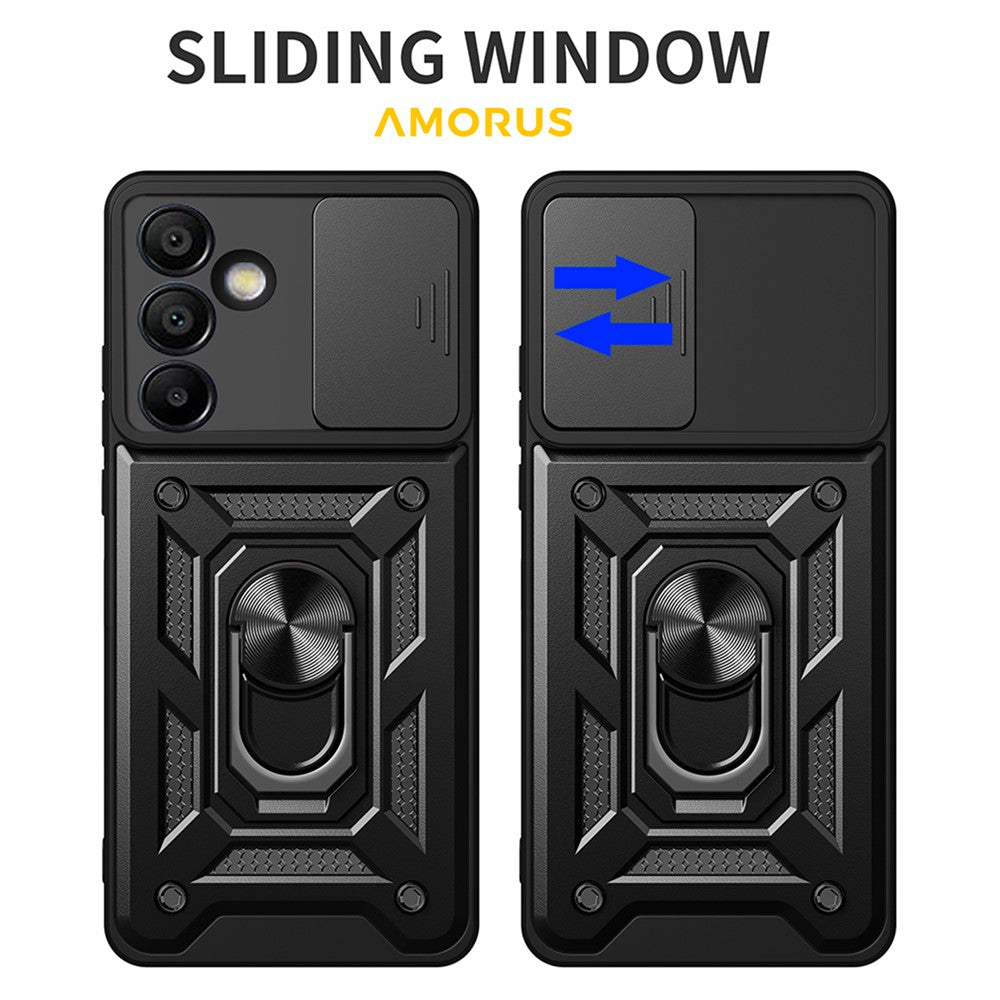 AMORUS til Samsung Galaxy S24 FE cover med støttefod PC + TPU telefoncover med skydelåg til kameralinse