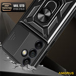 AMORUS til Samsung Galaxy S24 FE cover med støttefod PC + TPU telefoncover med skydelåg til kameralinse
