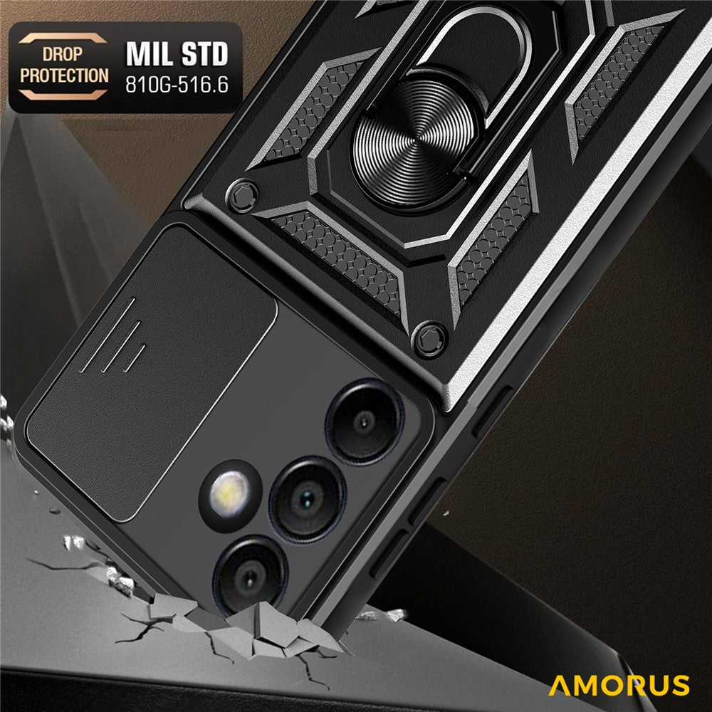 AMORUS til Samsung Galaxy S24 FE cover med støttefod PC + TPU telefoncover med skydelåg til kameralinse