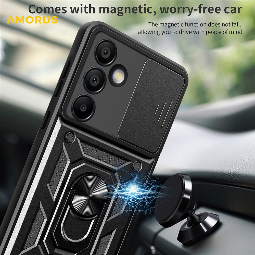 AMORUS til Samsung Galaxy S24 FE cover med støttefod PC + TPU telefoncover med skydelåg til kameralinse