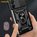 AMORUS til Samsung Galaxy S24 FE cover med støttefod PC + TPU telefoncover med skydelåg til kameralinse