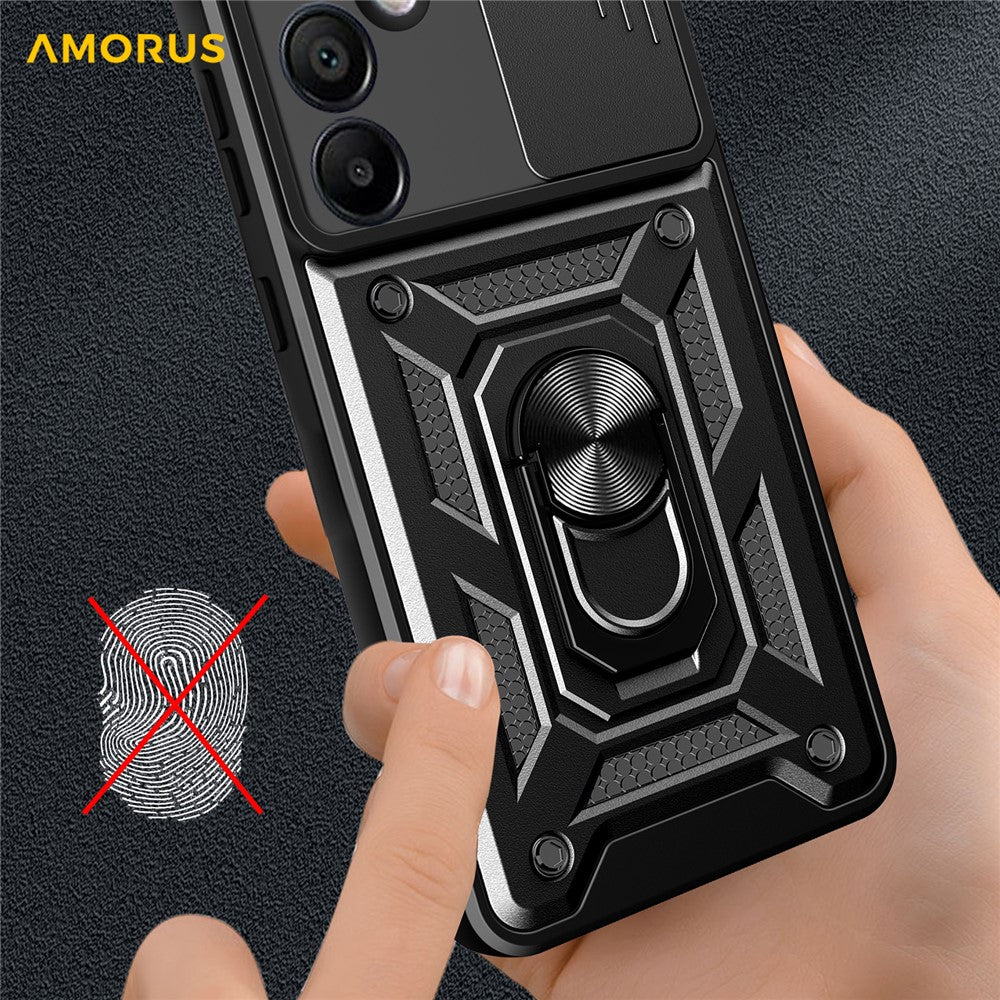 AMORUS til Samsung Galaxy S24 FE cover med støttefod PC + TPU telefoncover med skydelåg til kameralinse