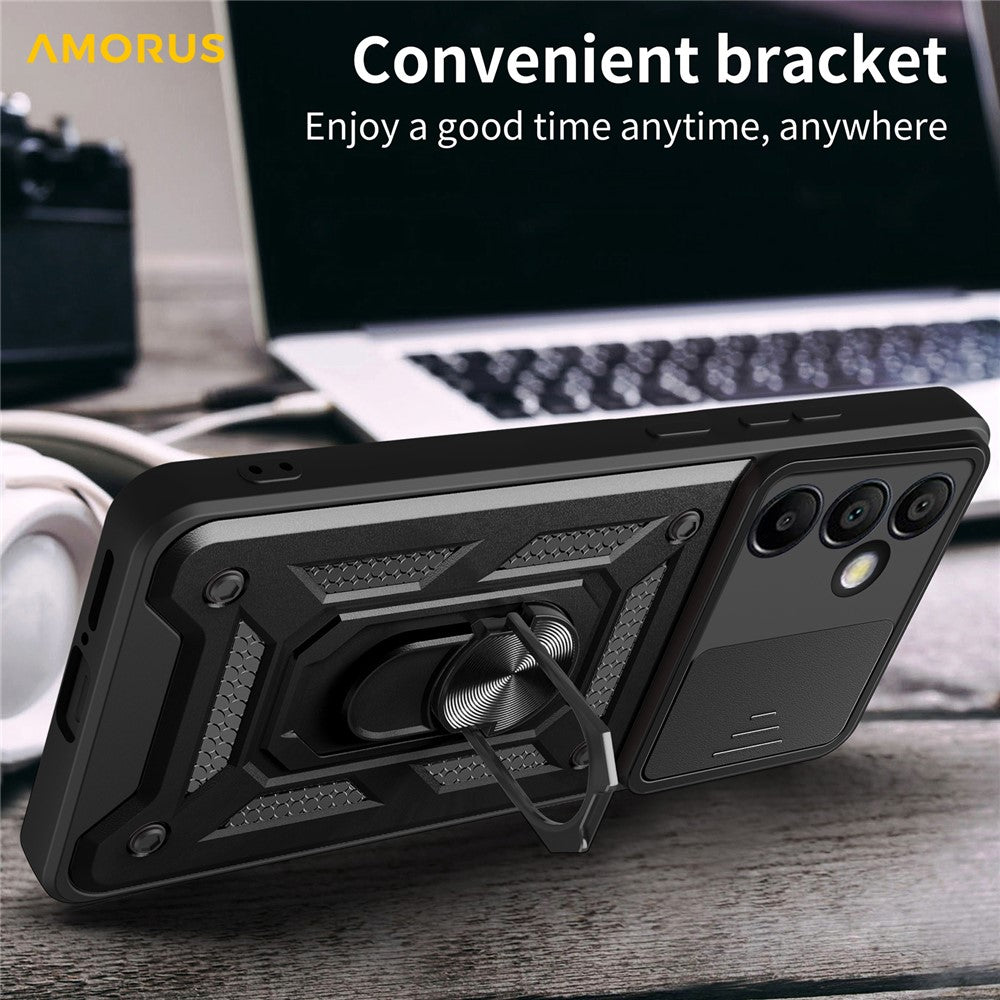AMORUS til Samsung Galaxy S24 FE cover med støttefod PC + TPU telefoncover med skydelåg til kameralinse
