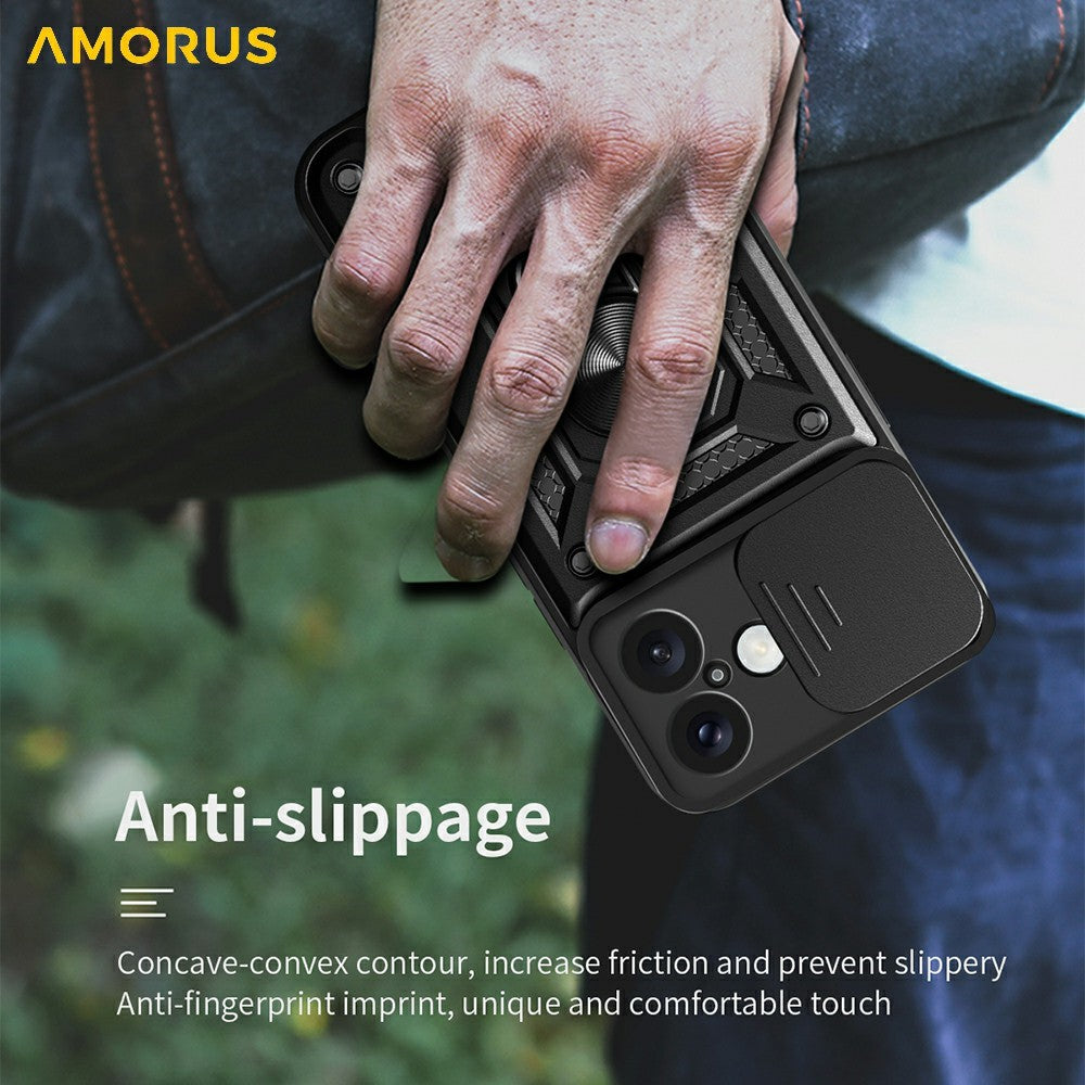 AMORUS Kickstand-fodral för iPhone 16 PC + TPU mobilskal med skjutreglage för kameralins