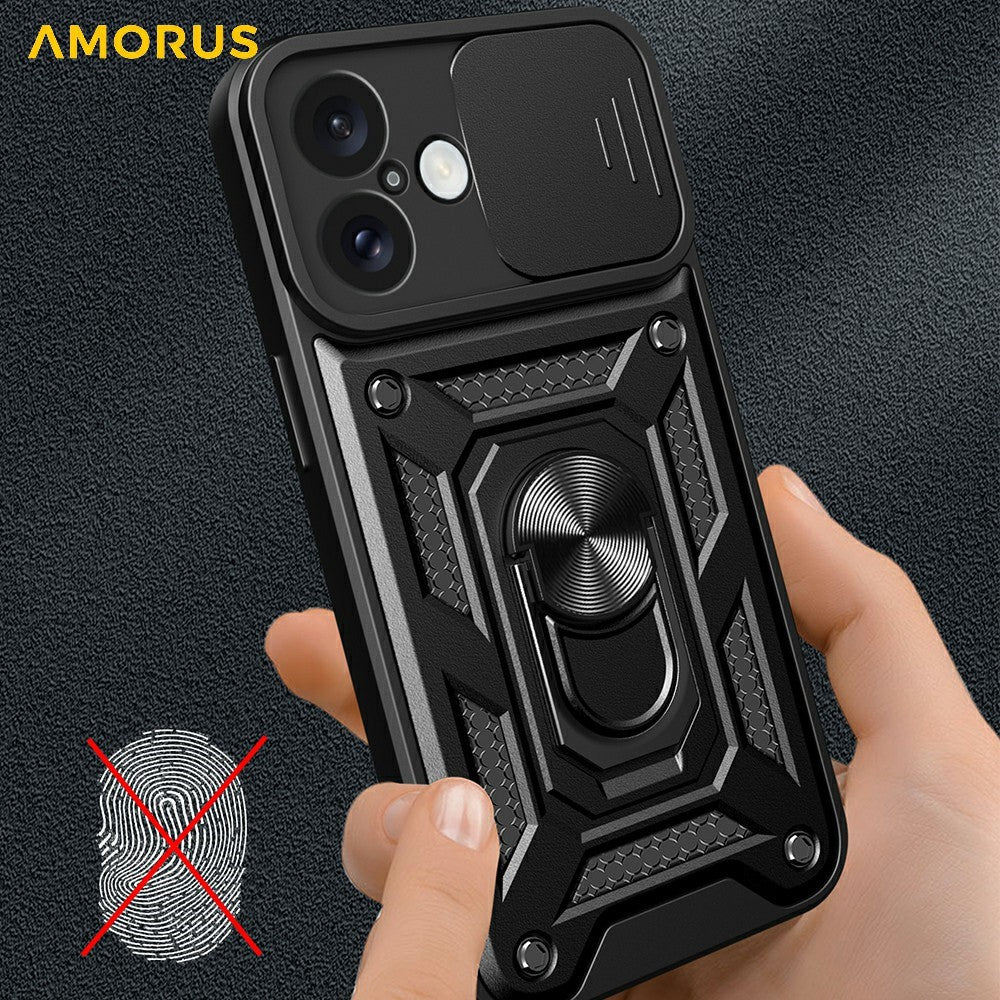 AMORUS Kickstand-fodral för iPhone 16 PC + TPU mobilskal med skjutreglage för kameralins