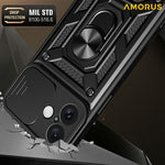 AMORUS till iPhone 16 Plus-fodral Ställ PC + TPU Telefonfodral med skjutreglage för kameralins