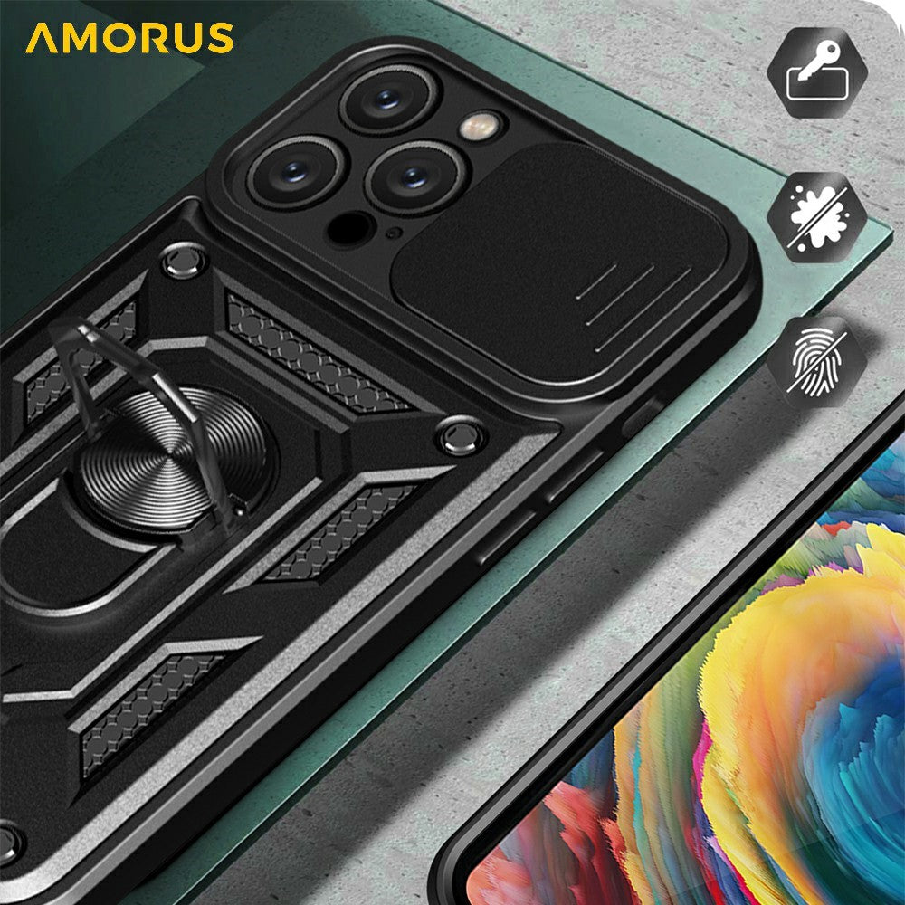 AMORUS For iPhone 16 Pro Max Case Kickstand PC + TPU Phone Cover with Camera Lens Slider